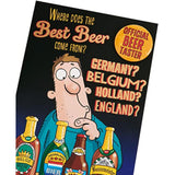 UK Greetings funny beer design birthday card showing a humorous beer illustration on a colorful greeting card.