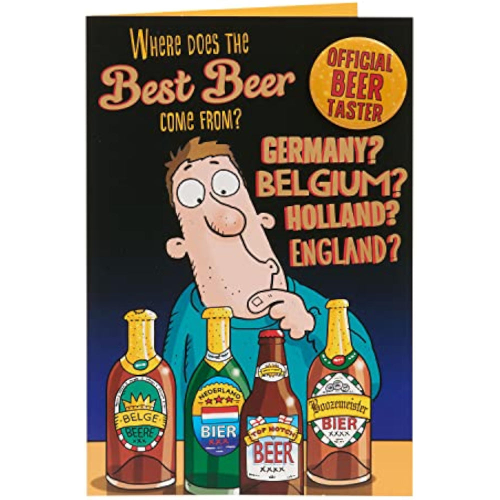 UK Greetings funny beer design birthday card showing a humorous illustration for celebrating birthdays.