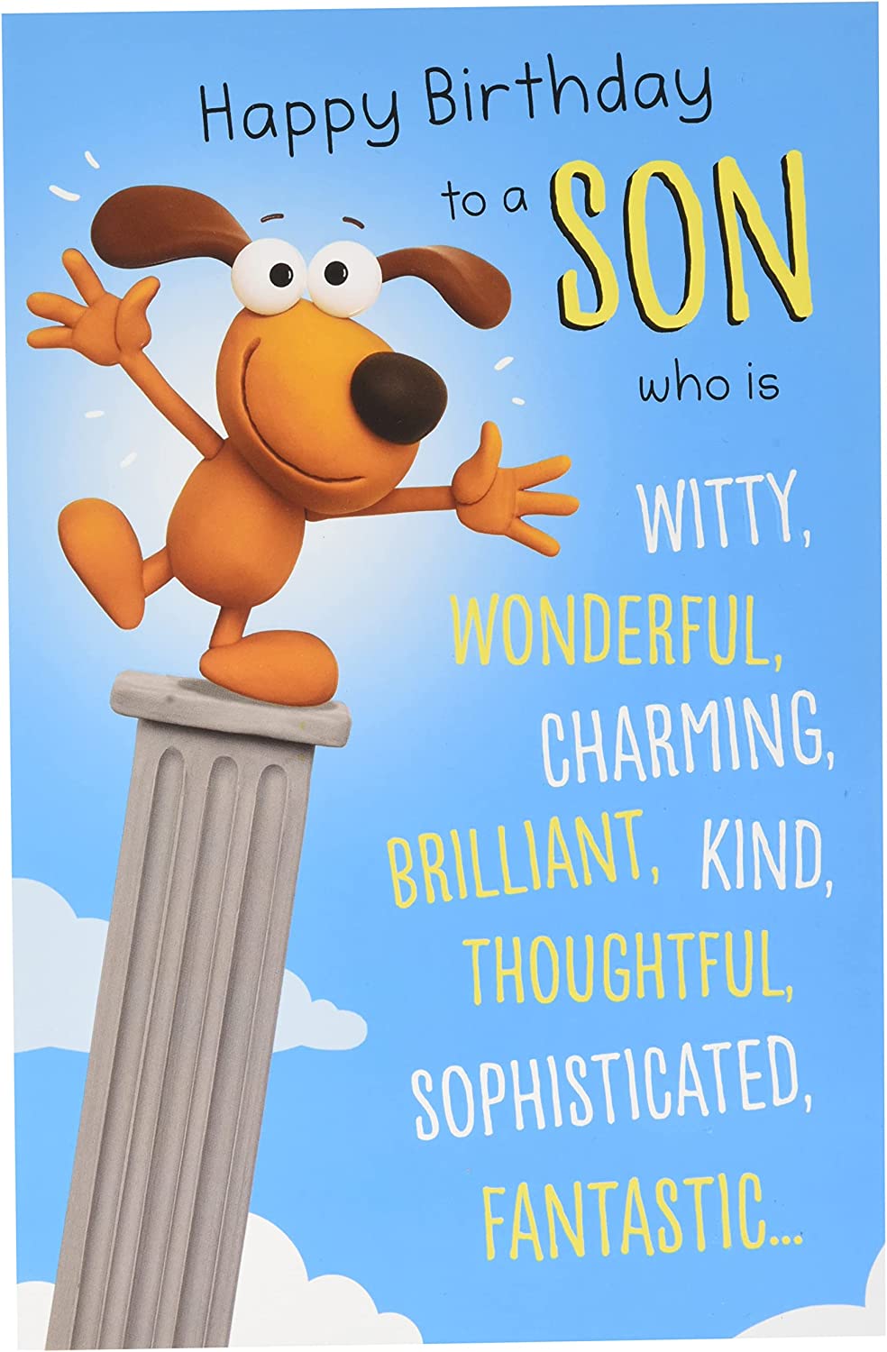 UK Greetings funny birthday card for son, featuring colorful cartoon design and humorous message, perfect for celebrating a son's birthday.