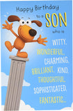 UK Greetings funny birthday card for son, featuring colorful cartoon design and humorous message, perfect for celebrating a son's birthday.