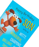 UK Greetings funny birthday card for son, featuring colorful illustrations and playful text, designed for celebrating special occasions.