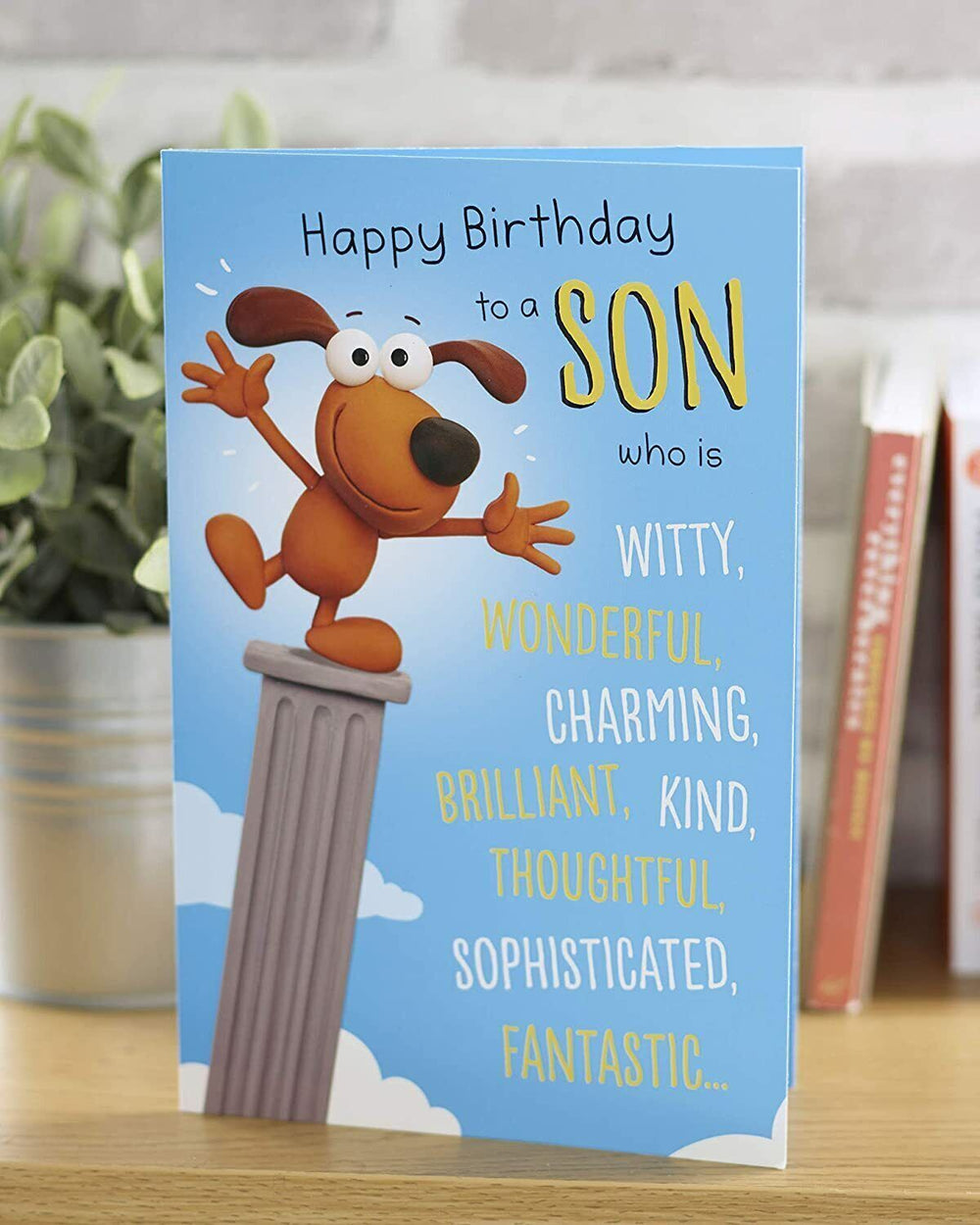 UK Greetings funny birthday card for son, featuring colorful design and humorous message on the front.