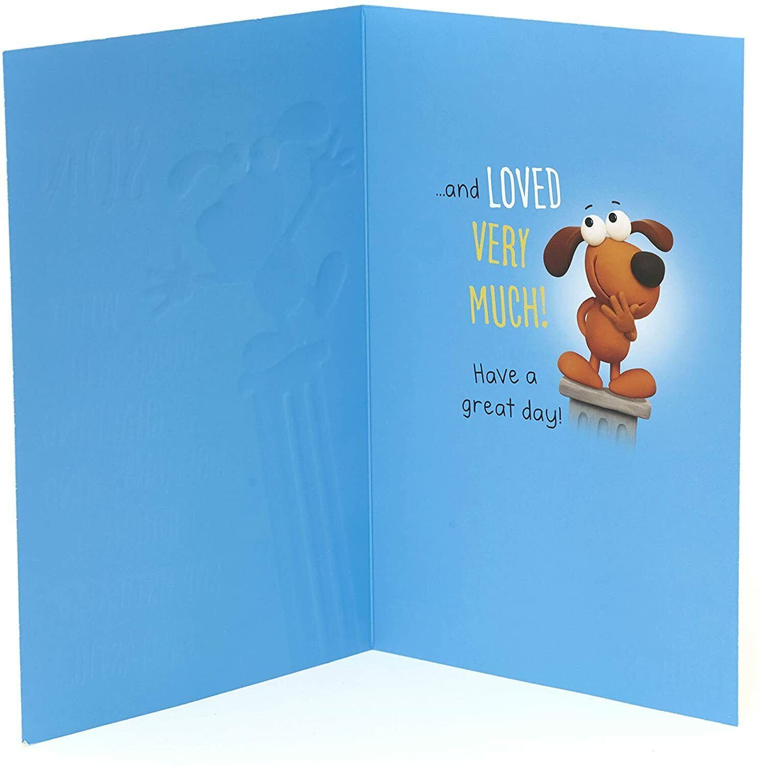 Funny birthday card for son by UK Greetings, featuring humorous design and colorful illustration on the front.