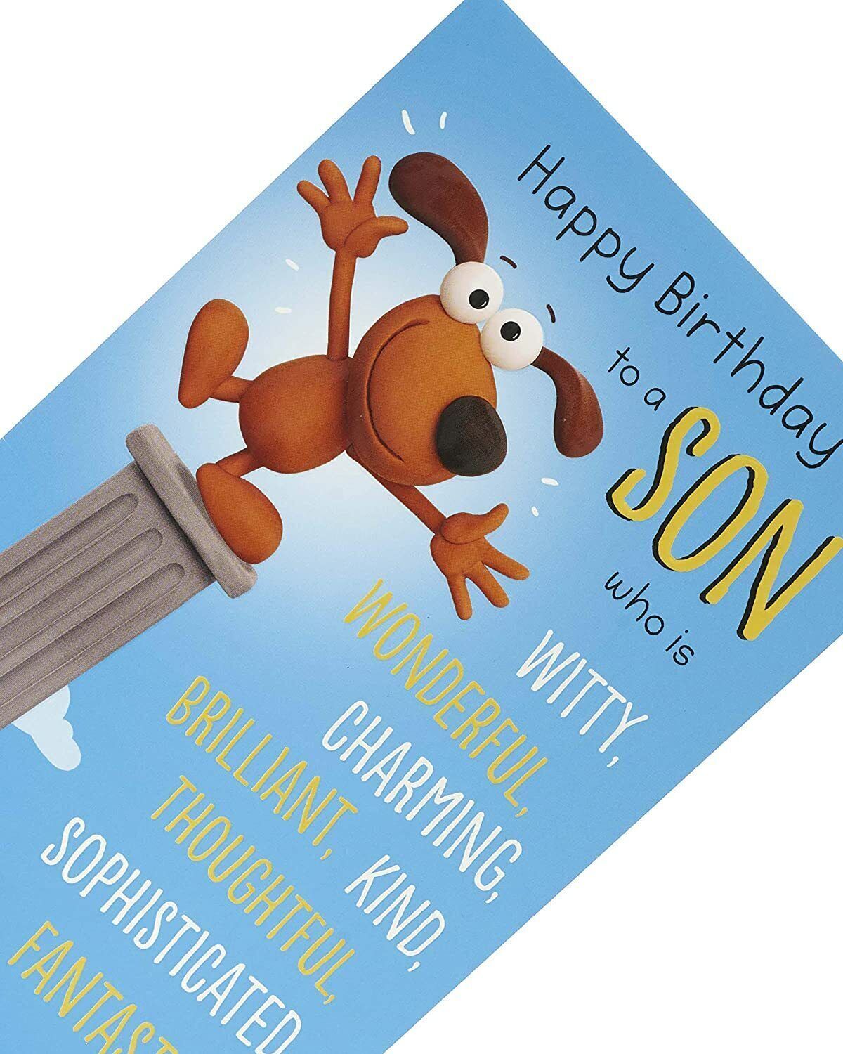 UK Greetings funny birthday card for son, featuring colorful illustrations and humorous message on the front.