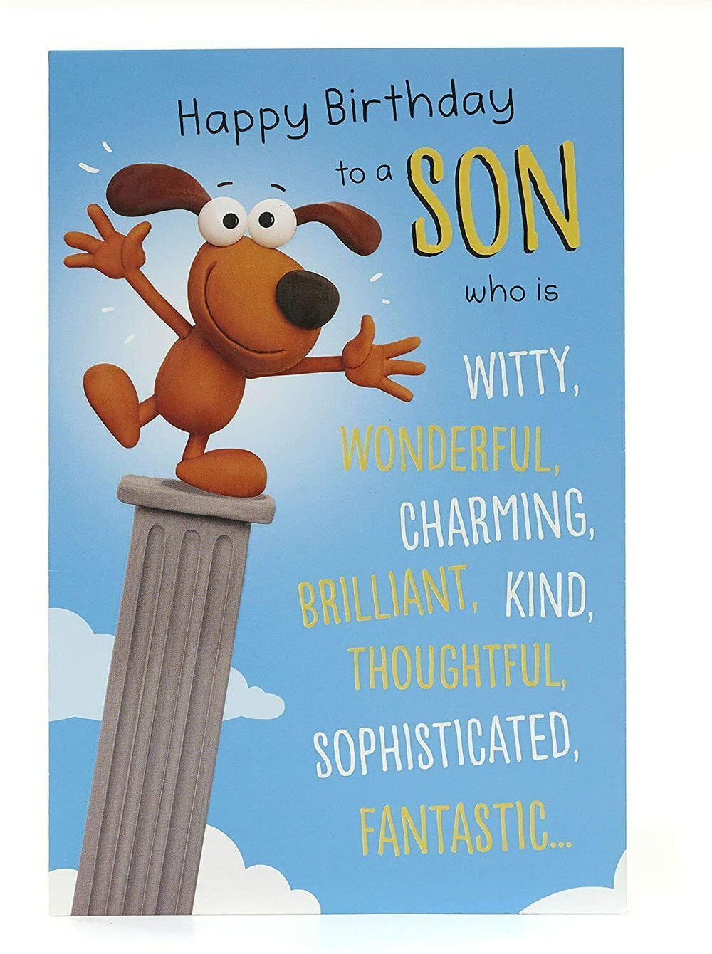 UK Greetings funny birthday card for son, featuring colorful illustrations and humorous message, perfect for celebrating special occasions.