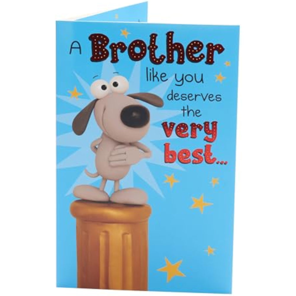 Funny UK Greetings brother birthday greeting card featuring humorous design and colorful illustrations.