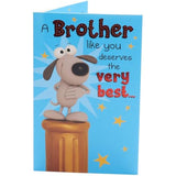 Funny UK Greetings brother birthday greeting card featuring humorous design and colorful illustrations.