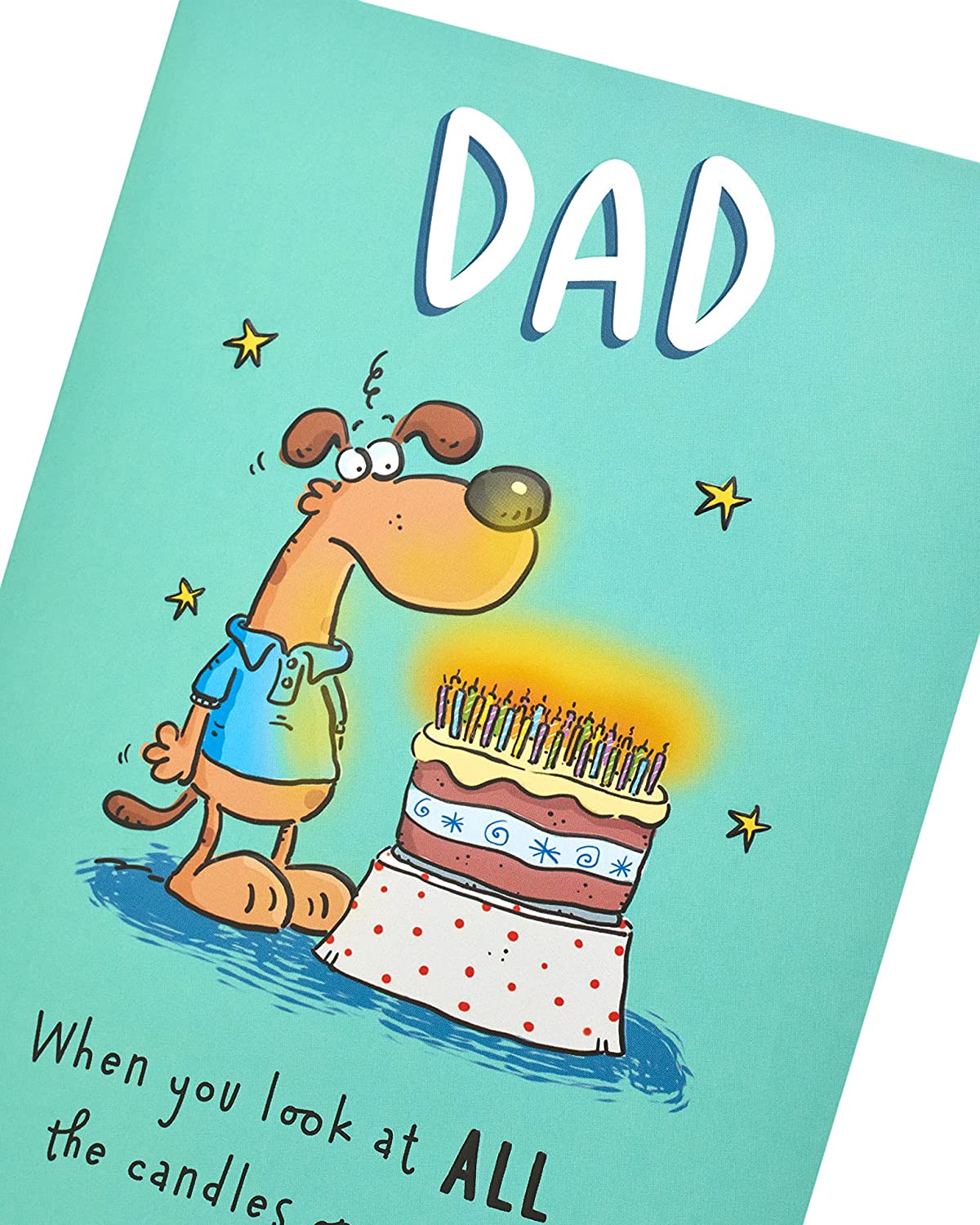 UK Greetings funny cartoon illustration dad birthday card, colorful greeting card featuring humorous artwork for dad's birthday.