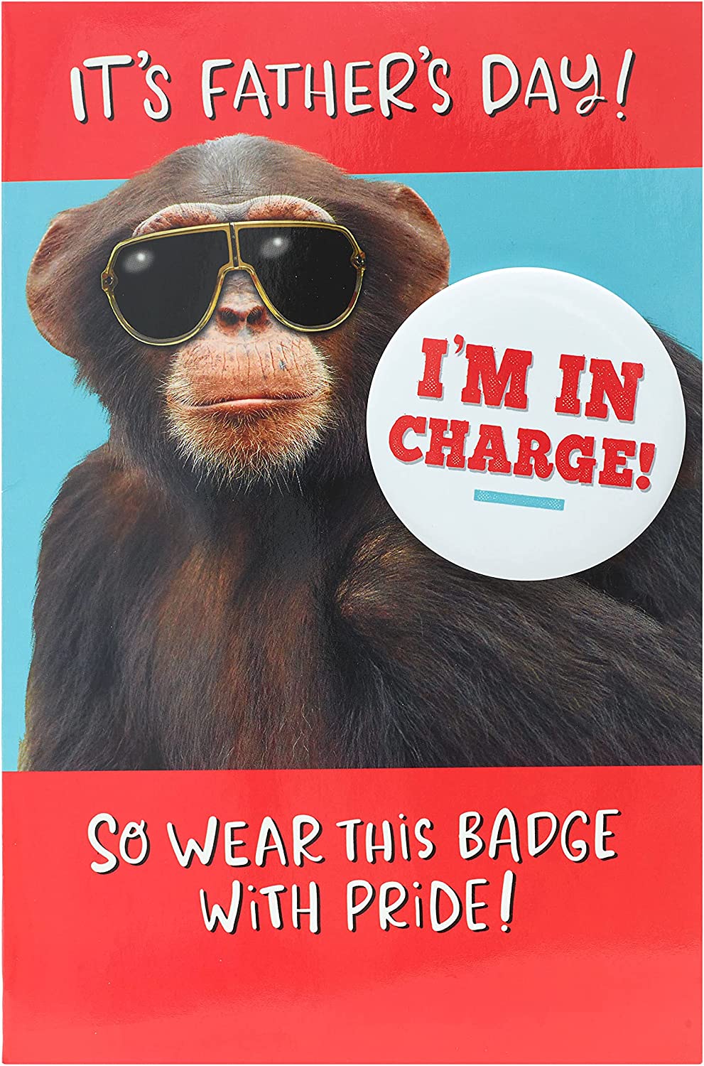 UK Greetings Funny Chimp Badge Father's Day Card, colorful greeting card with humorous chimp illustration and badge design.