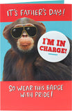 UK Greetings Funny Chimp Badge Father's Day Card, colorful greeting card featuring a playful chimp illustration and badge design.