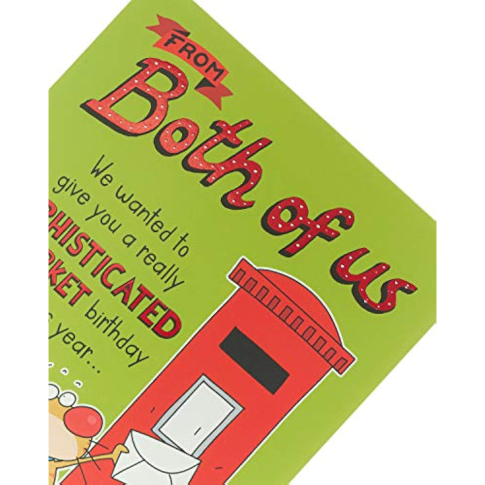 UK Greetings funny design birthday card featuring humorous illustrations from both of us on a cheerful greeting card.