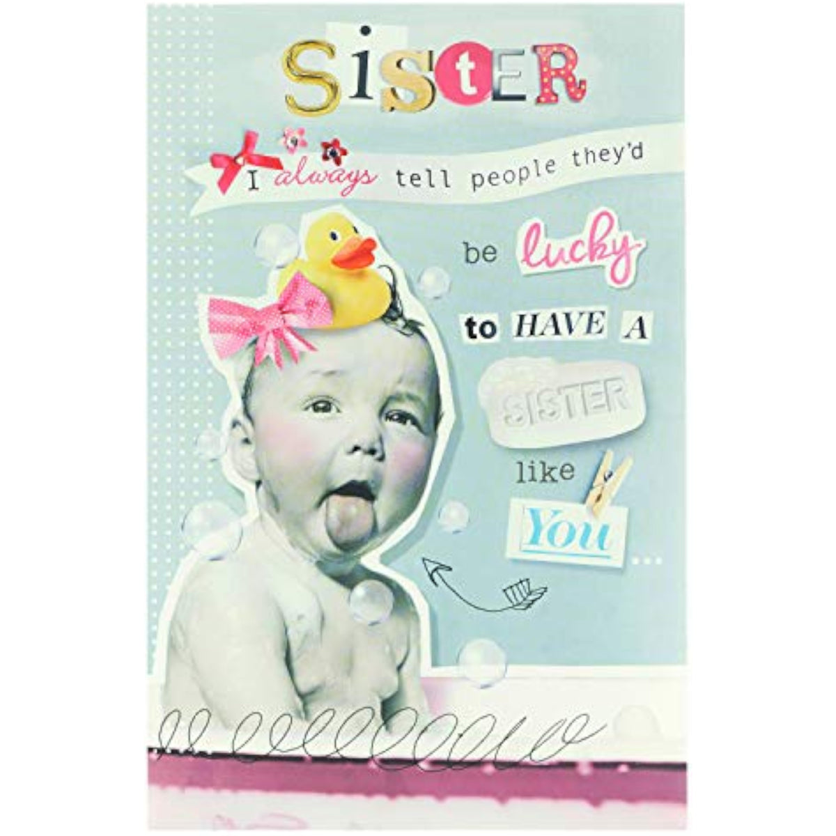 UK Greetings funny design sister birthday card featuring humorous illustrations, perfect for celebrating with a special sister.