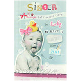 UK Greetings funny design sister birthday card featuring humorous illustrations, perfect for celebrating with a special sister.