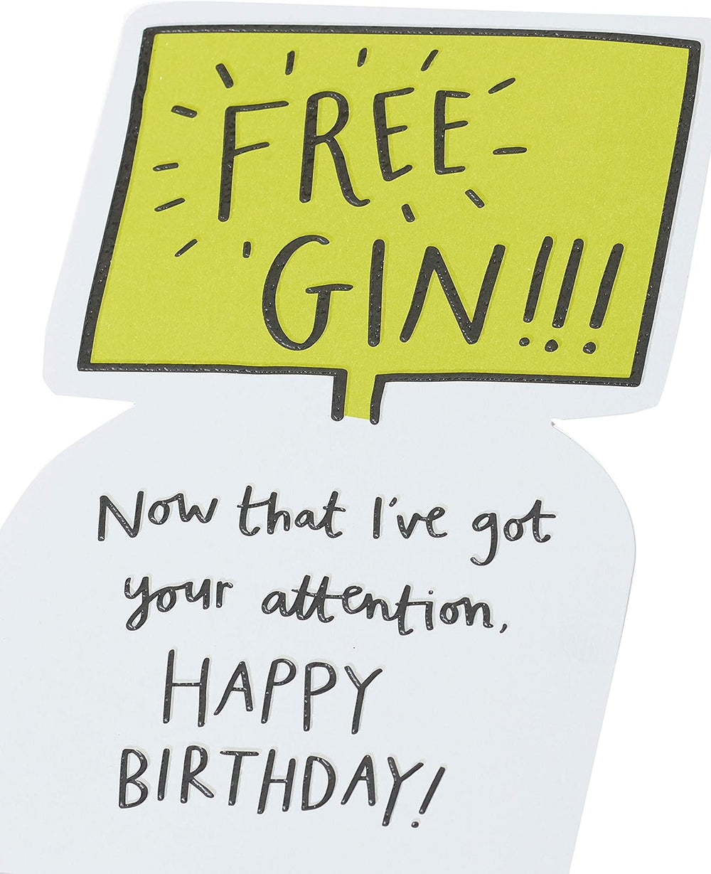 UK Greetings funny gin birthday card featuring humorous design and colorful illustrations, perfect for celebrating with friends.
