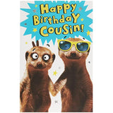 Funny Meerkat Cousin birthday greeting card by UK Greetings featuring a humorous meerkat illustration.