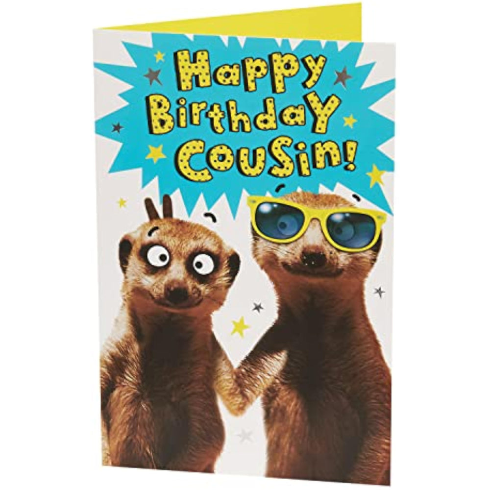 Funny Meerkat Cousin birthday card by UK Greetings, featuring a humorous meerkat illustration on a cheerful greeting card.