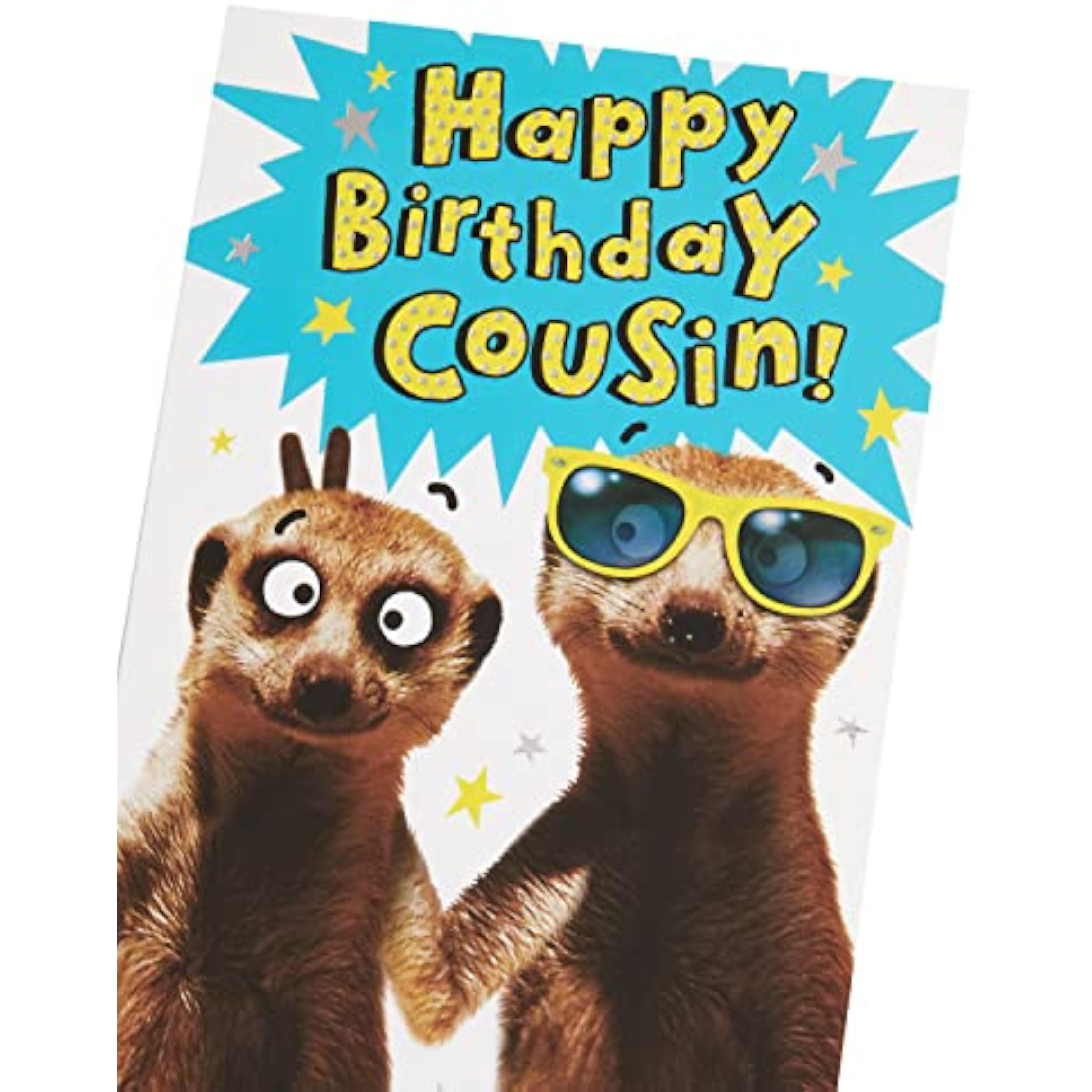UK Greetings Funny Meerkat Cousin birthday card featuring a playful meerkat illustration for a cheerful greeting card design.