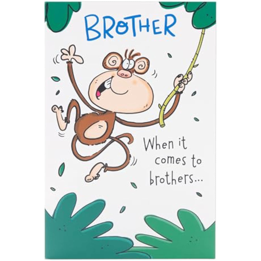 UK Greetings funny pop-up brother birthday card featuring a playful monkey snot design, perfect for celebrating brothers.