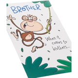 UK Greetings funny pop-up birthday card featuring a monkey snot design for brothers, with colorful cartoon artwork.