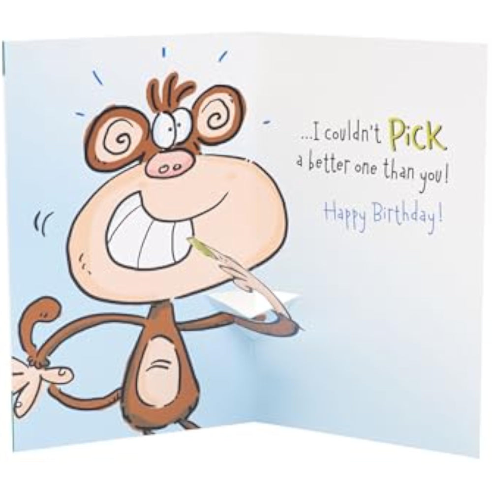 UK Greetings funny pop-up birthday greeting card featuring a playful monkey snot design for brothers.