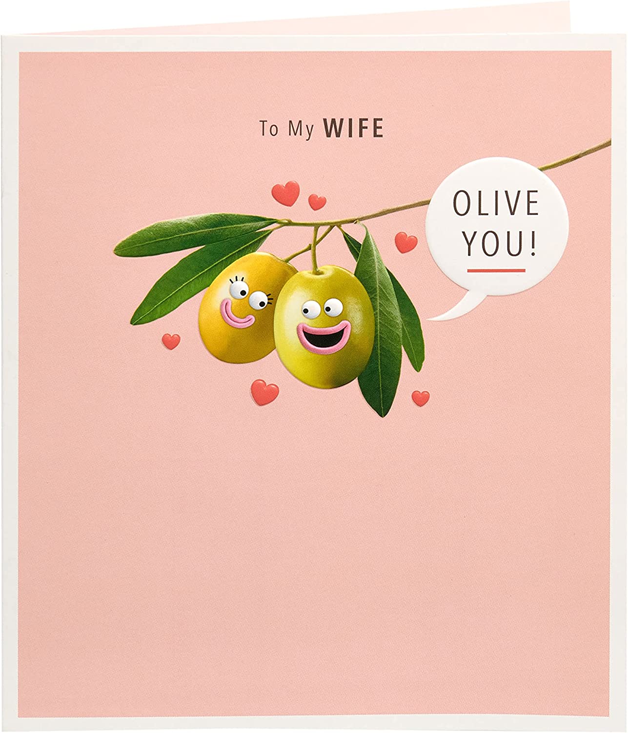 UK Greetings funny wife Valentine's Day card with envelope featuring humorous olive design, perfect for expressing love and humor.
