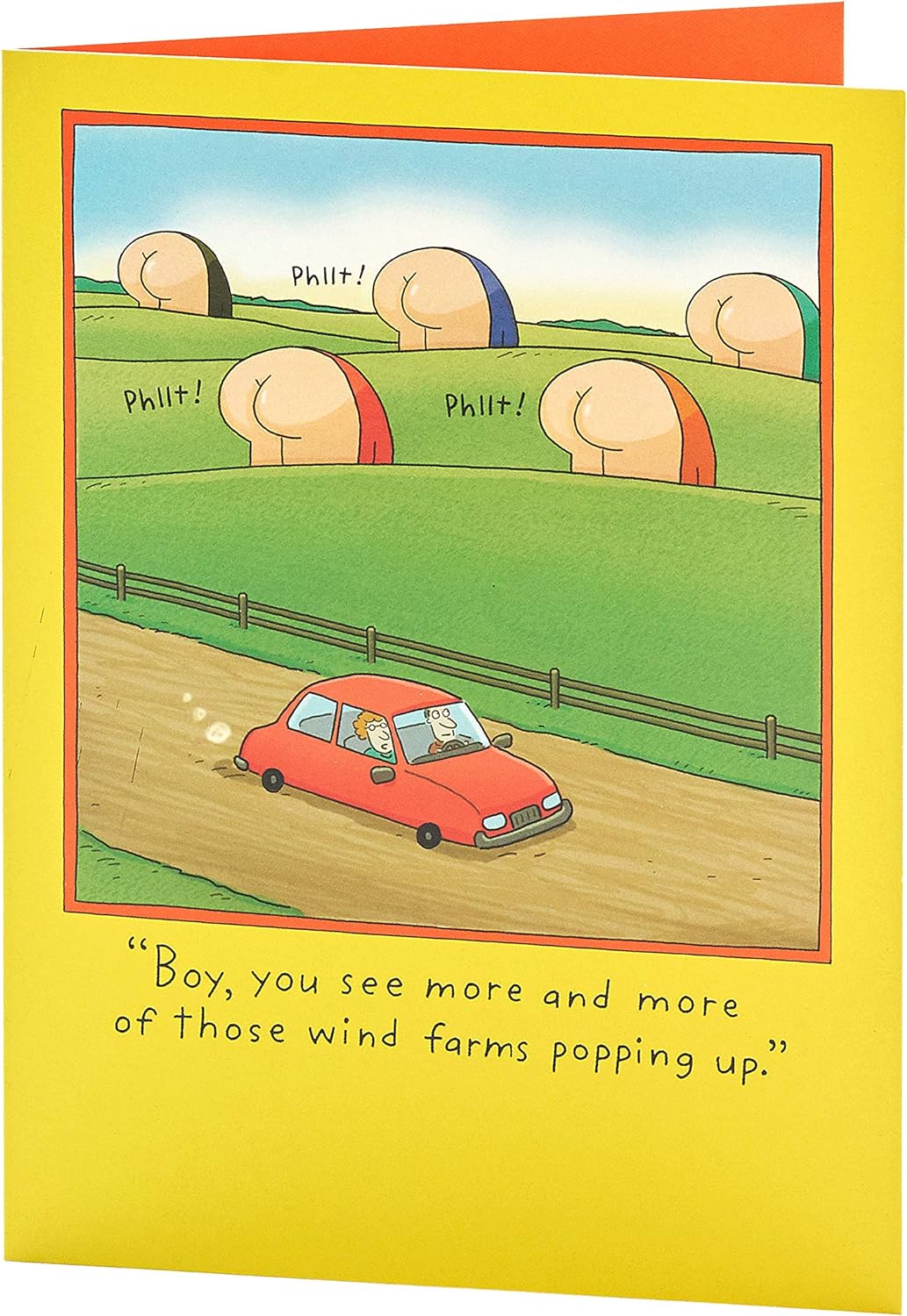 UK Greetings funny wind farms birthday card featuring humorous illustrations, perfect for celebrating with a lighthearted message.