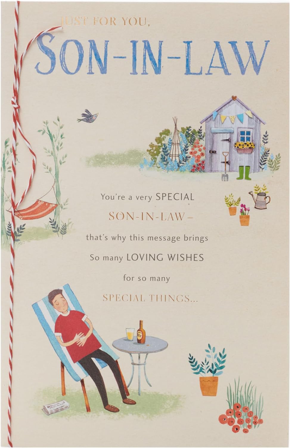 UK Greetings Garden Relax Son-in-Law Birthday Card, a greeting card featuring garden-themed artwork for birthdays.