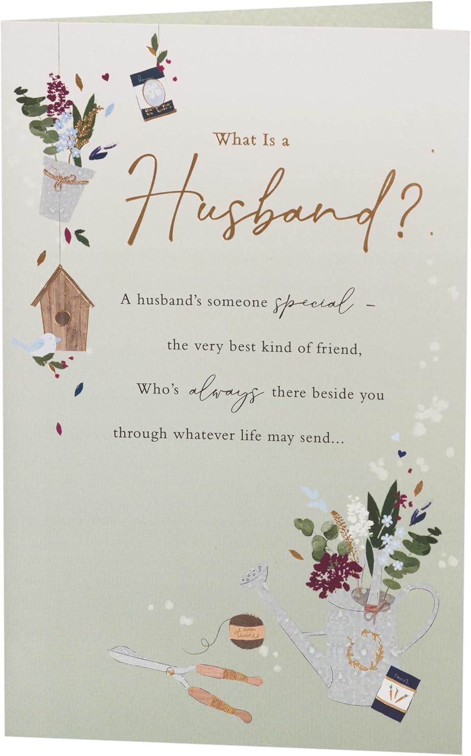 UK Greetings gardening design birthday card for husband, featuring colorful gardening-themed illustrations and cheerful message.