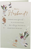 UK Greetings gardening design birthday card for husband, featuring colorful gardening-themed illustrations and cheerful message.