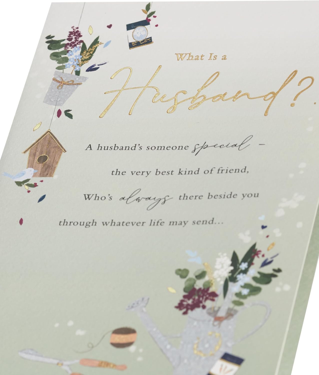 UK Greetings gardening design birthday card for husband, featuring colorful plant illustrations and cheerful greeting.
