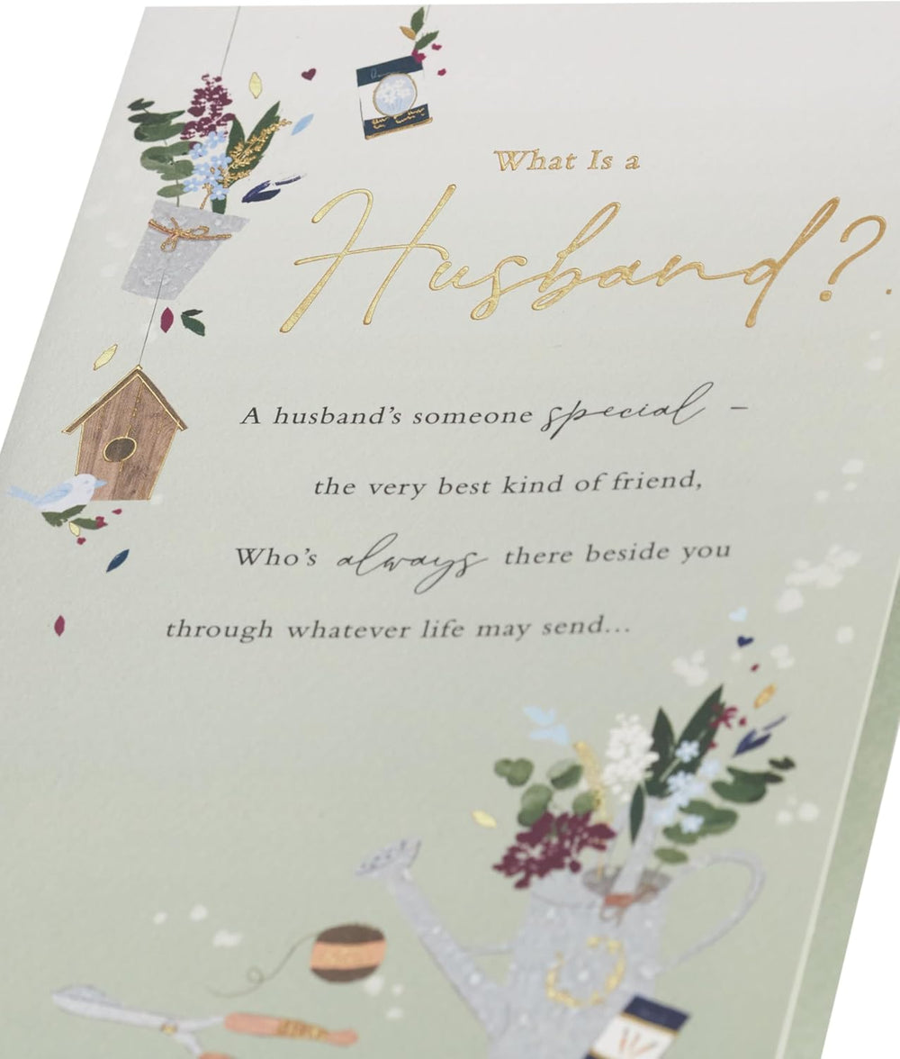 UK Greetings gardening design birthday card for husband, featuring colorful plant illustrations and cheerful greeting.