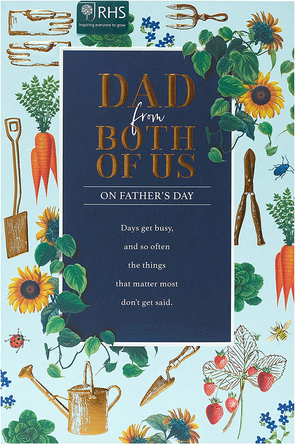 UK Greetings gardening-themed Father's Day card for Dad, featuring cheerful floral illustrations and heartfelt messages.