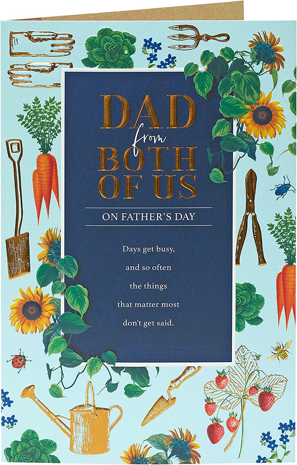 UK Greetings gardening-themed Father’s Day card for Dad, featuring floral and gardening illustrations, from both of us.