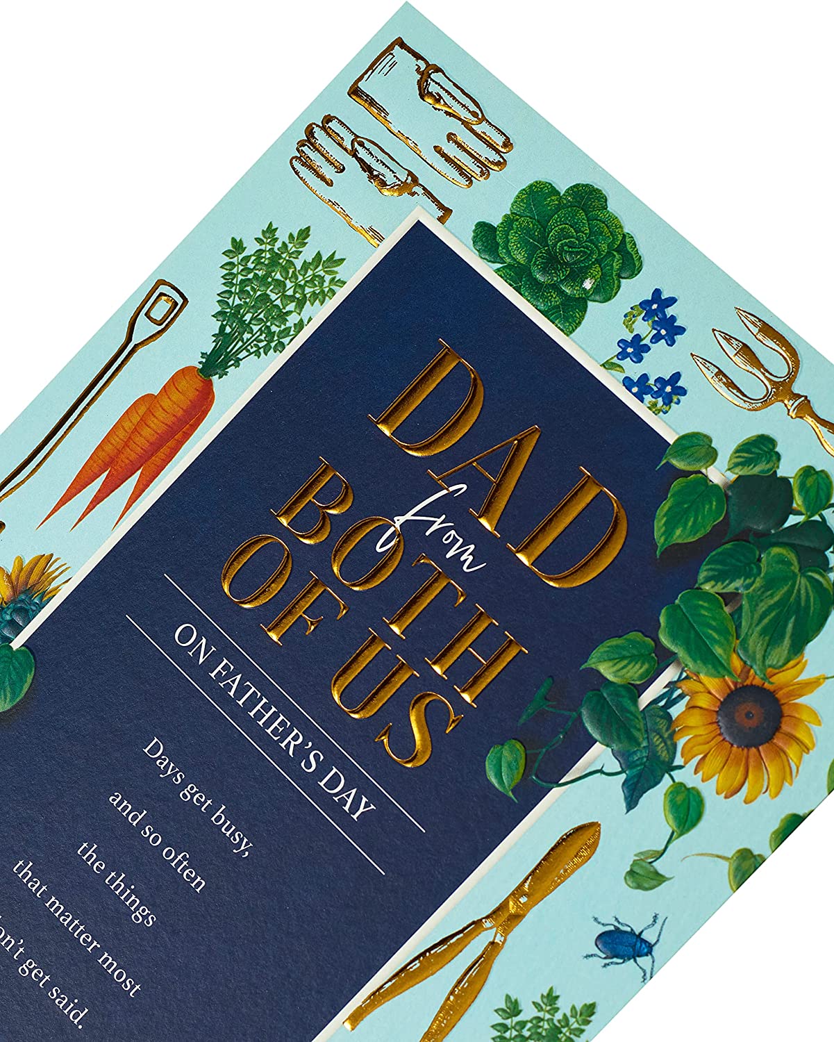 UK Greetings gardening-themed Father’s Day card for Dad, featuring floral and gardening illustrations on the front.
