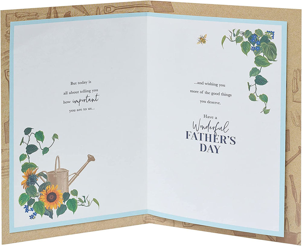 UK Greetings gardening-themed Father's Day card for Dad, featuring floral and gardening illustrations on the front.