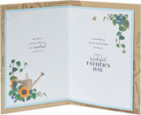 UK Greetings gardening-themed Father's Day card for Dad, featuring floral and gardening illustrations on the front.