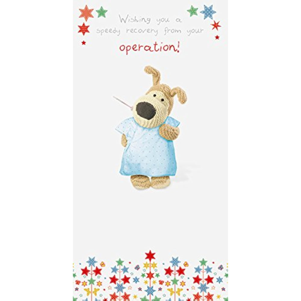 UK Greetings Get Well Soon Boofle greeting card for after surgery, featuring colorful cartoon character design.