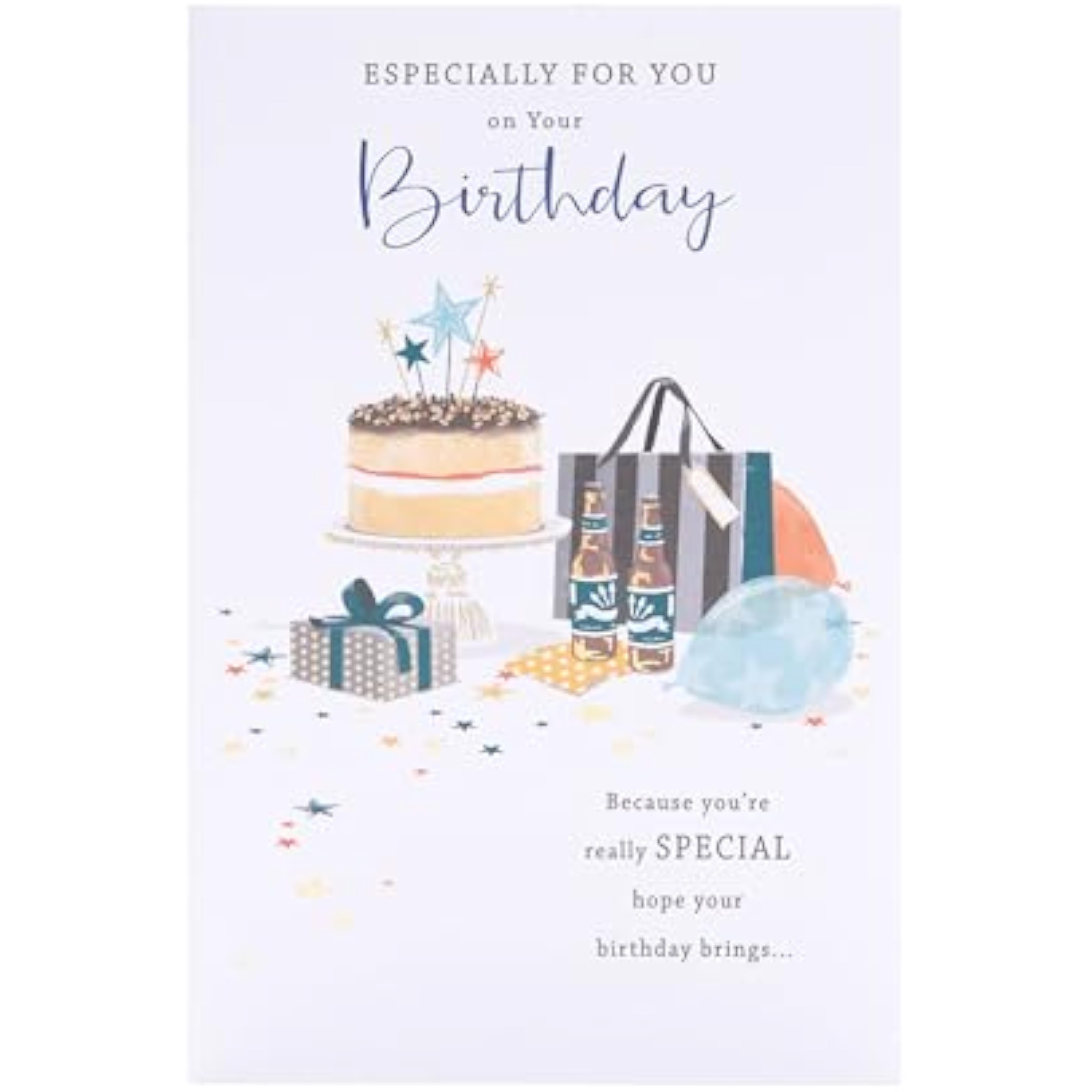 UK Greetings birthday card featuring colorful cake and gift design, perfect for celebrating special occasions
