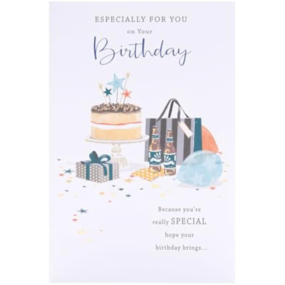 UK Greetings birthday card featuring colorful cake and gift design, perfect for celebrating special occasions