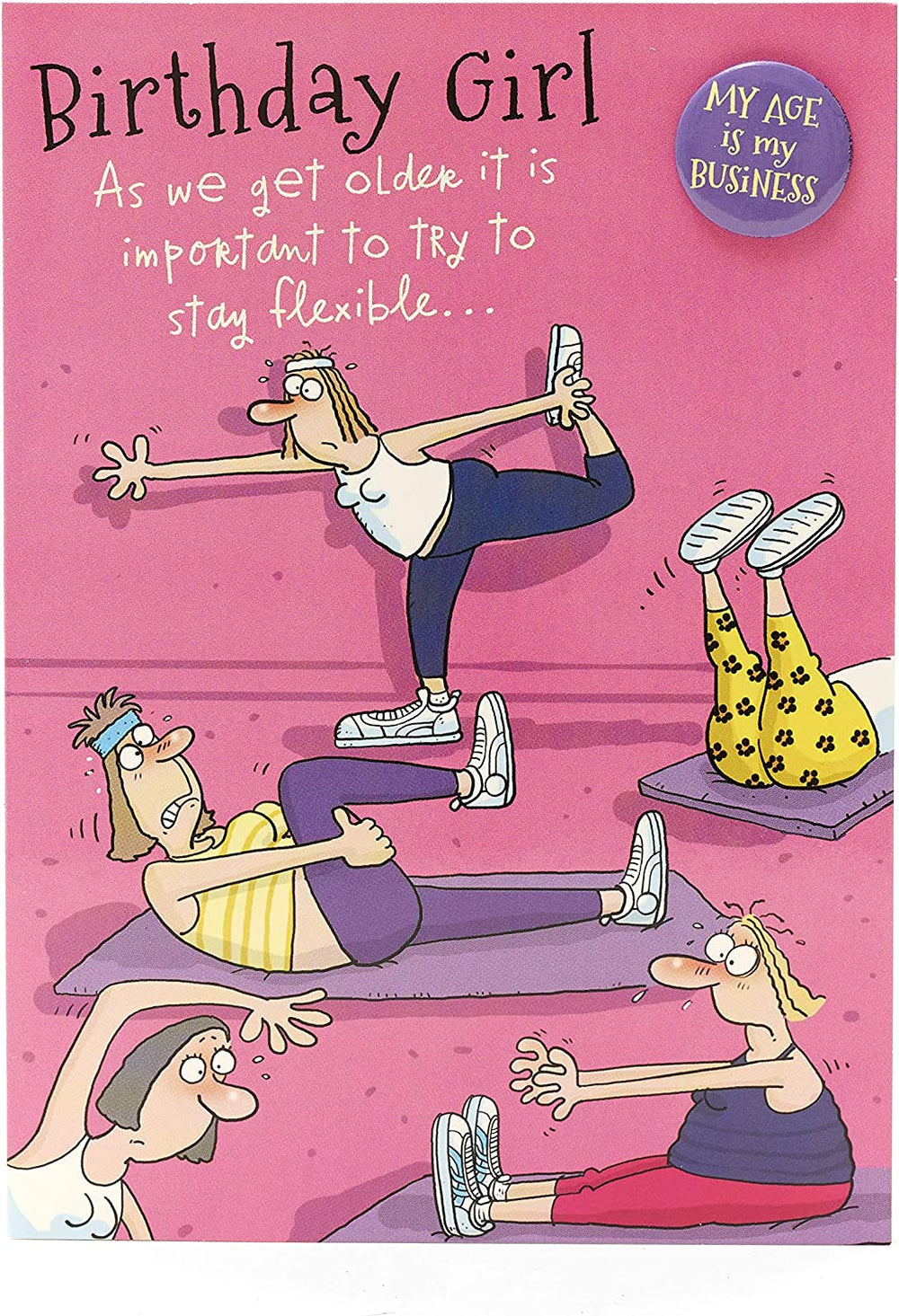 UK Greetings Giggles Yoga Humour Birthday Card featuring a playful yoga pose illustration on a colorful greeting card.