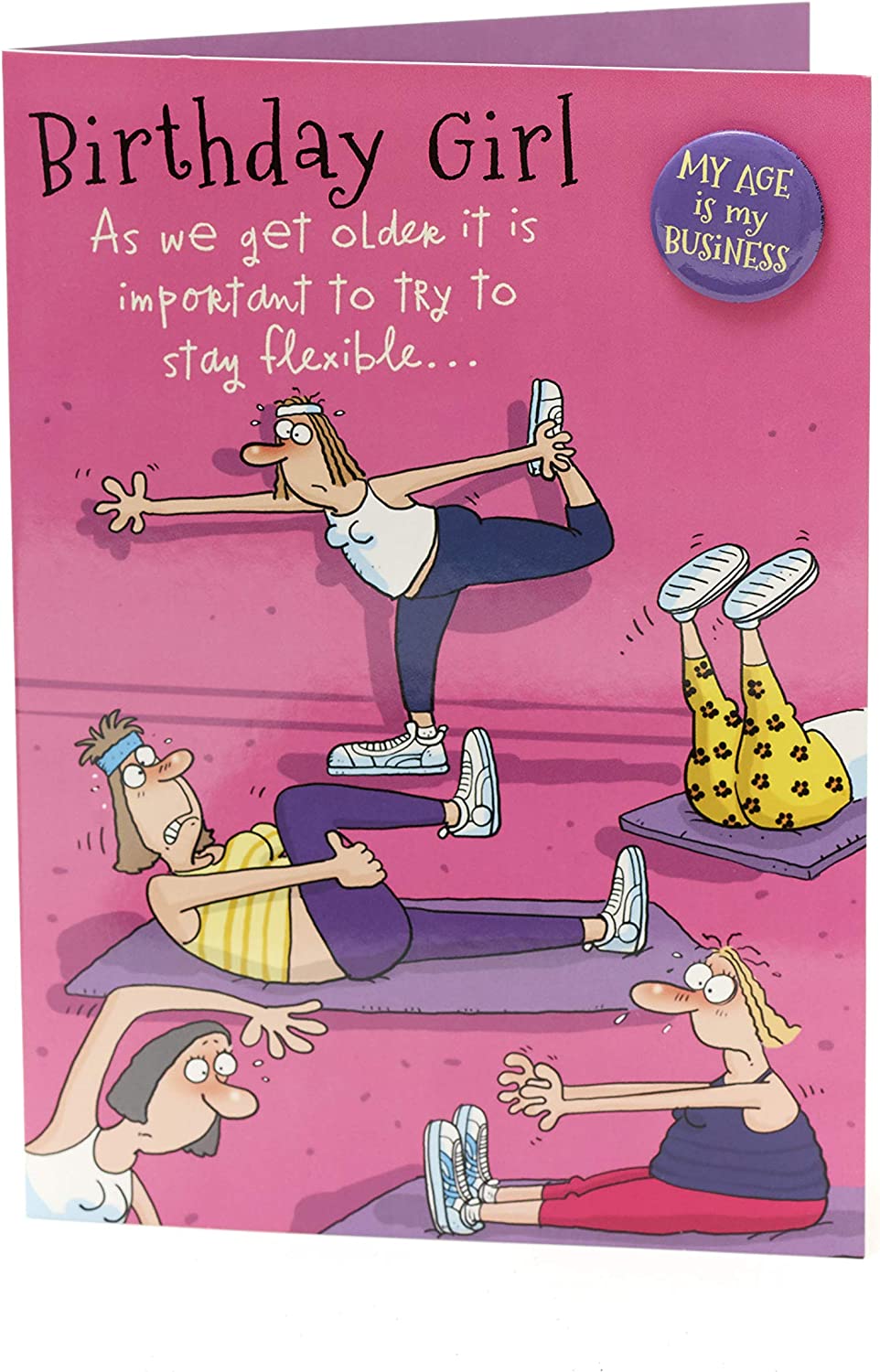 UK Greetings Giggles Yoga humorous birthday greeting card featuring a playful yoga pose illustration.
