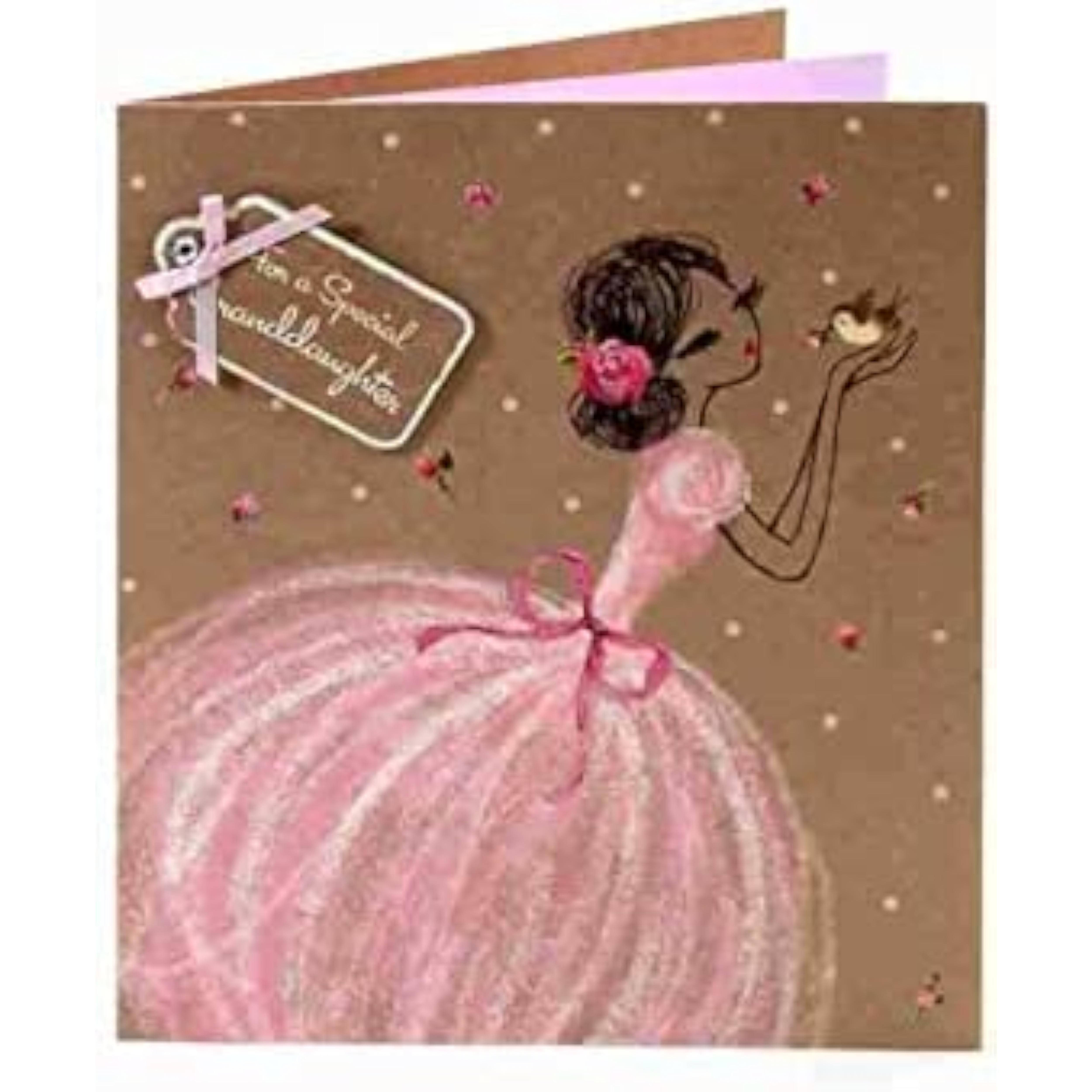 UK Greetings Girl in Pink Dress with Bird birthday greeting card featuring a girl holding a bird illustration.
