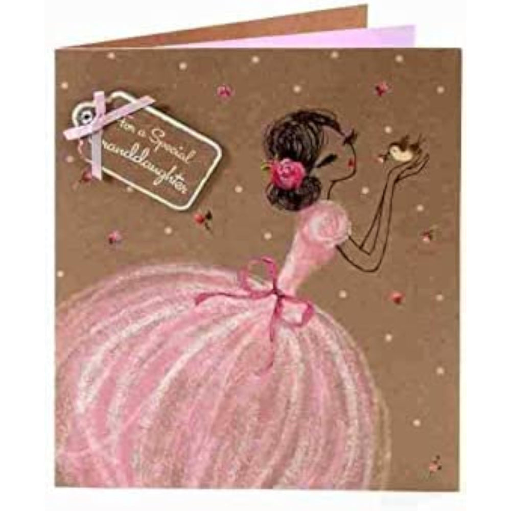 UK Greetings Girl in Pink Dress with Bird birthday greeting card featuring a girl holding a bird illustration.