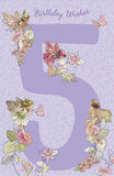 UK Greetings girl’s 5th birthday card featuring colorful flowers, fairies, and holographic finish, suitable for a 5-year-old girl celebration.