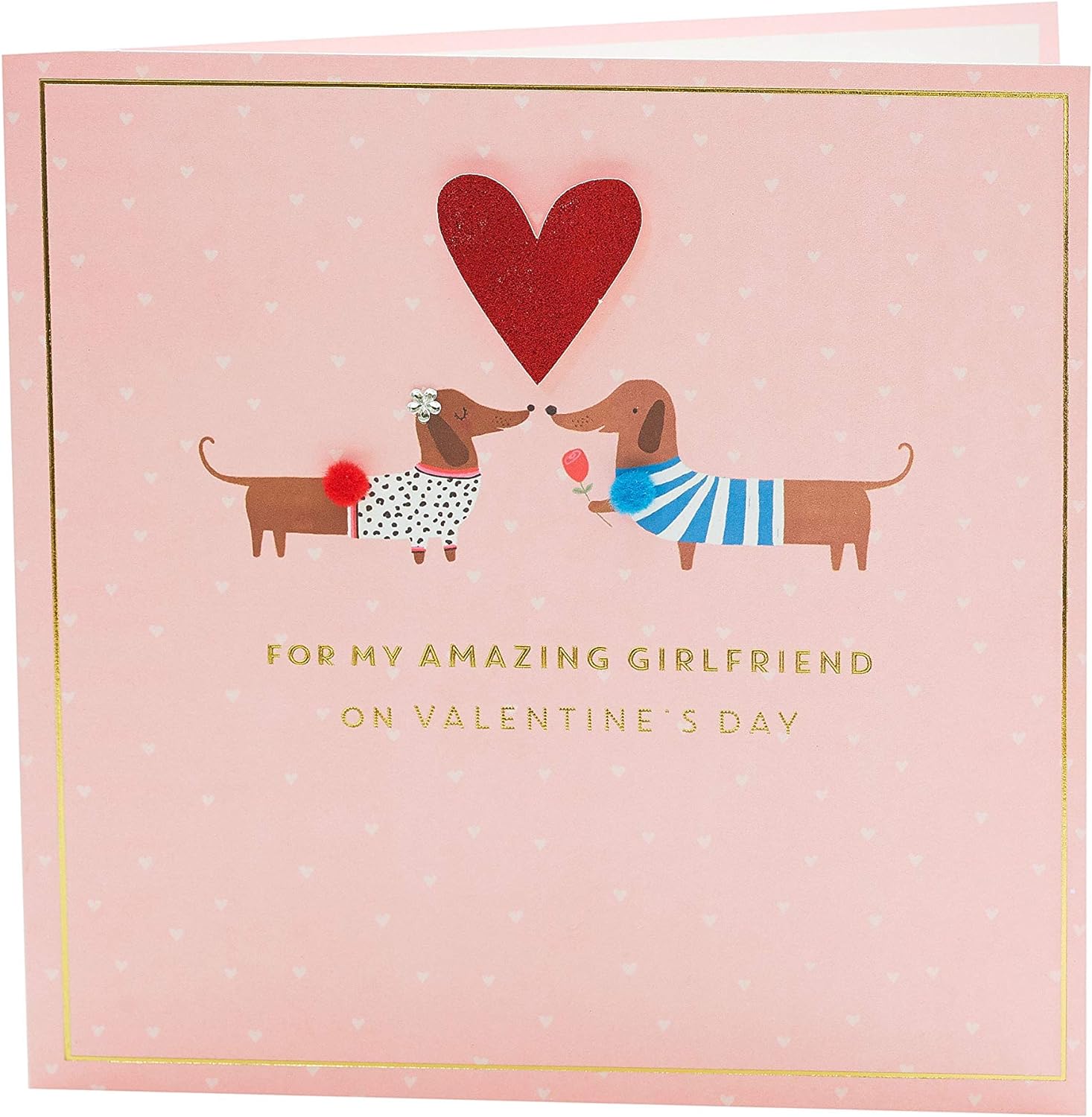 UK Greetings girlfriend Valentine’s Day card featuring a playful sausage dog couple illustration with envelope, greeting card for her.