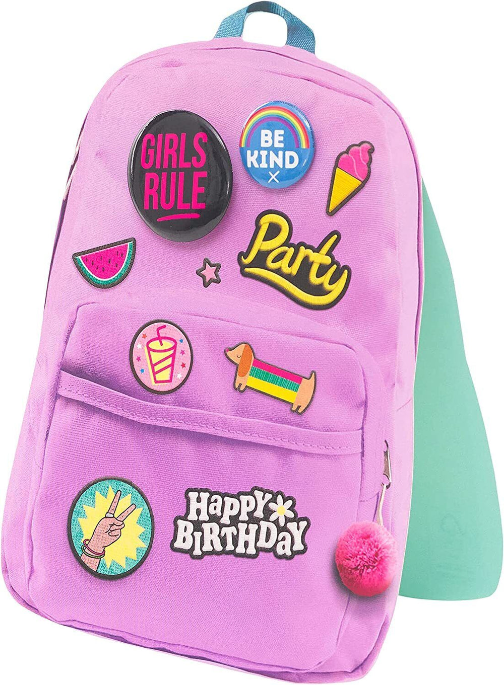 UK Greetings girls' fun backpack birthday greeting card with colorful design and two matching badges, suitable for kids.