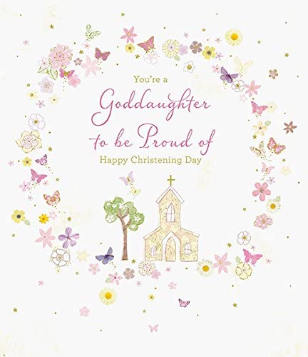 Pink greeting card from UK Greetings for a goddaughter's christening, featuring delicate designs suitable for special occasions.