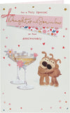 UK Greetings Gold Foil Finishes Boofle Daughter and Son-in-Law Anniversary Card showing festive design and shiny gold accents.
