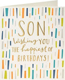 UK Greetings gold foil lettering son birthday card featuring elegant design and heartfelt message for special occasions.