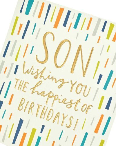 UK Greetings gold foil lettering Son birthday card, greeting card with shiny gold accents and festive design for son's birthday.
